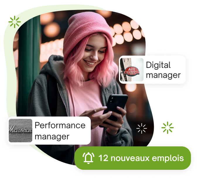 Jeune femme aux cheveux et au bonnet roses utilisant un smartphone pour chercher un emploi de "Performance manager" ou "Digital manager" sur jobup.ch.