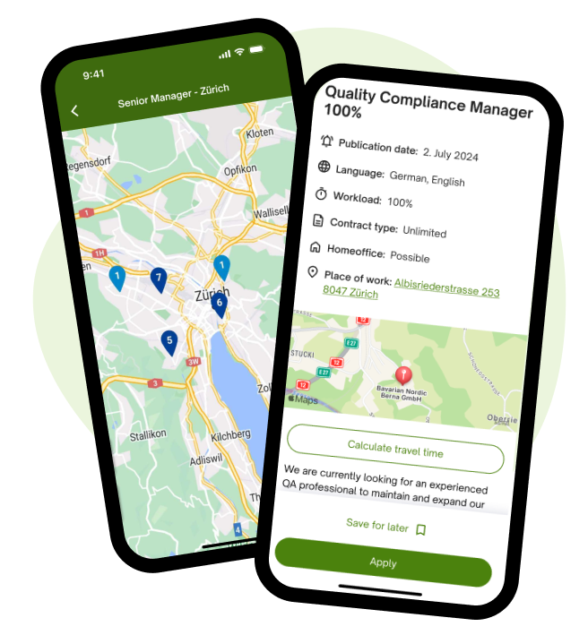 Two smartphones displaying a job map for Zurich and a "Quality Compliance Manager" job listing on the jobup.ch mobile app.