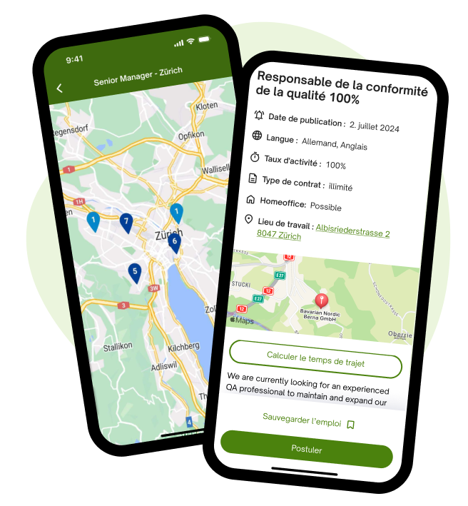 Deux smartphones affichant une carte des emplois à Zurich et une offre d'emploi "Quality Compliance Manager" sur l'application mobile jobup.ch.